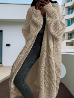 Hot Women's Sweater Cardigan Casual Soft Pure Color Chunky Open Front Buttons Knitted Long Sleeve Long Tops Knit Outdoor Daily Weekend Dark Gray Beige Fall Winter Women Cardigans & Outerwears