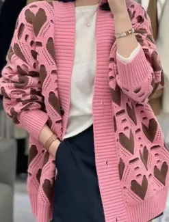 Online Women's Sweater Cardigan Casual Soft Pure Color Ribbed V Neck Buttons Knitted Print Long Sleeve Long Tops Knit Outdoor Daily Weekend Black Pink Fall Winter Women Cardigans & Outerwears