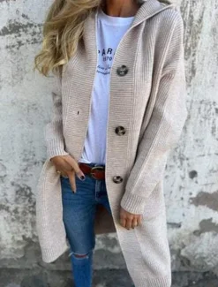 Best Women's Sweater Cardigan Casual Soft Pure Color Ribbed Hooded Buttons Pocket Knitted Long Sleeve Long Tops Knit Outdoor Daily Weekend Black Yellow Fall Winter Women Cardigans & Outerwears