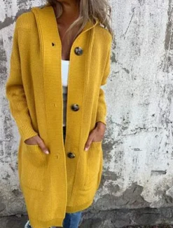 Best Women's Sweater Cardigan Casual Soft Pure Color Ribbed Hooded Buttons Pocket Knitted Long Sleeve Long Tops Knit Outdoor Daily Weekend Black Yellow Fall Winter Women Cardigans & Outerwears