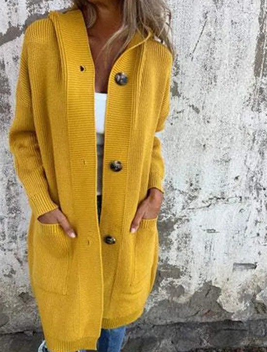 Best Women's Sweater Cardigan Casual Soft Pure Color Ribbed Hooded Buttons Pocket Knitted Long Sleeve Long Tops Knit Outdoor Daily Weekend Black Yellow Fall Winter Women Cardigans & Outerwears