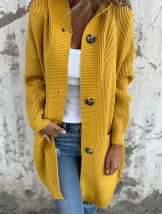 Best Women's Sweater Cardigan Casual Soft Pure Color Ribbed Hooded Buttons Pocket Knitted Long Sleeve Long Tops Knit Outdoor Daily Weekend Black Yellow Fall Winter Women Cardigans & Outerwears