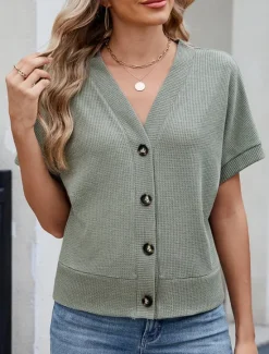 Online Women's Sweater Cardigan Casual Soft Pure Color Ribbed V Neck Buttons Knitted Short Sleeves Regular Tops Knit Outdoor Daily Weekend Black Green Summer Women Cardigans & Outerwears