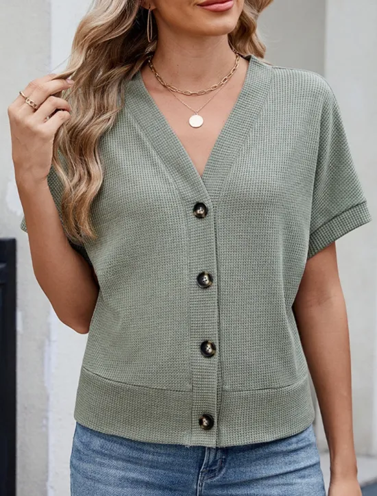Online Women's Sweater Cardigan Casual Soft Pure Color Ribbed V Neck Buttons Knitted Short Sleeves Regular Tops Knit Outdoor Daily Weekend Black Green Summer Women Cardigans & Outerwears