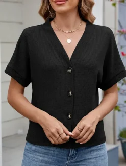 Online Women's Sweater Cardigan Casual Soft Pure Color Ribbed V Neck Buttons Knitted Short Sleeves Regular Tops Knit Outdoor Daily Weekend Black Green Summer Women Cardigans & Outerwears