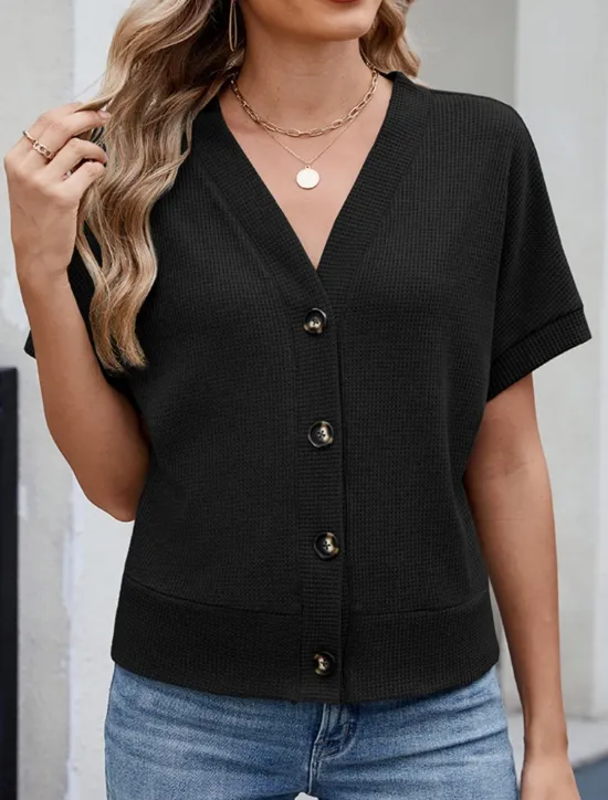 Online Women's Sweater Cardigan Casual Soft Pure Color Ribbed V Neck Buttons Knitted Short Sleeves Regular Tops Knit Outdoor Daily Weekend Black Green Summer Women Cardigans & Outerwears