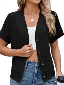 Online Women's Sweater Cardigan Casual Soft Pure Color Ribbed V Neck Buttons Knitted Short Sleeves Regular Tops Knit Outdoor Daily Weekend Black Green Summer Women Cardigans & Outerwears