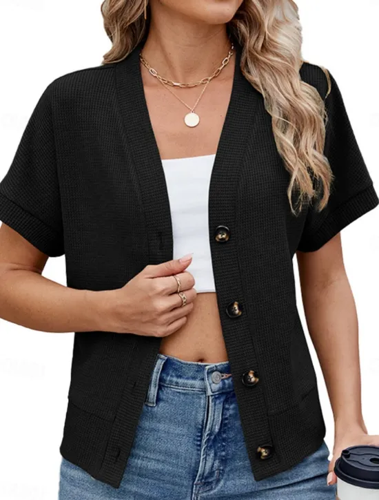 Online Women's Sweater Cardigan Casual Soft Pure Color Ribbed V Neck Buttons Knitted Short Sleeves Regular Tops Knit Outdoor Daily Weekend Black Green Summer Women Cardigans & Outerwears