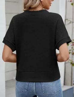 Online Women's Sweater Cardigan Casual Soft Pure Color Ribbed V Neck Buttons Knitted Short Sleeves Regular Tops Knit Outdoor Daily Weekend Black Green Summer Women Cardigans & Outerwears
