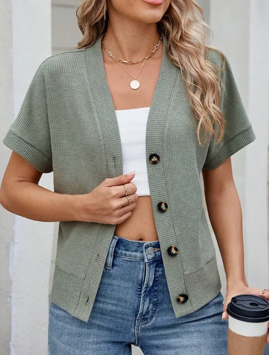 Online Women's Sweater Cardigan Casual Soft Pure Color Ribbed V Neck Buttons Knitted Short Sleeves Regular Tops Knit Outdoor Daily Weekend Black Green Summer Women Cardigans & Outerwears