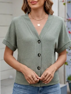 Online Women's Sweater Cardigan Casual Soft Pure Color Ribbed V Neck Buttons Knitted Short Sleeves Regular Tops Knit Outdoor Daily Weekend Black Green Summer Women Cardigans & Outerwears