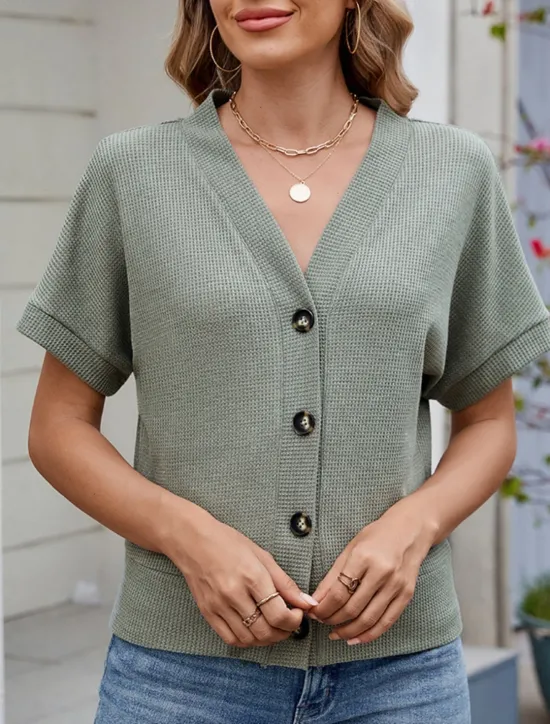 Online Women's Sweater Cardigan Casual Soft Pure Color Ribbed V Neck Buttons Knitted Short Sleeves Regular Tops Knit Outdoor Daily Weekend Black Green Summer Women Cardigans & Outerwears