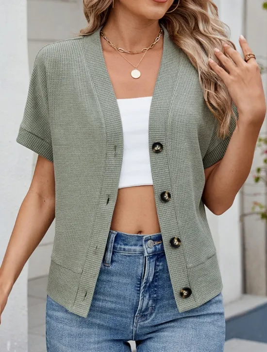 Online Women's Sweater Cardigan Casual Soft Pure Color Ribbed V Neck Buttons Knitted Short Sleeves Regular Tops Knit Outdoor Daily Weekend Black Green Summer Women Cardigans & Outerwears
