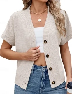 Online Women's Sweater Cardigan Casual Soft Pure Color Ribbed V Neck Buttons Knitted Short Sleeves Regular Tops Knit Outdoor Daily Weekend Black Green Summer Women Cardigans & Outerwears