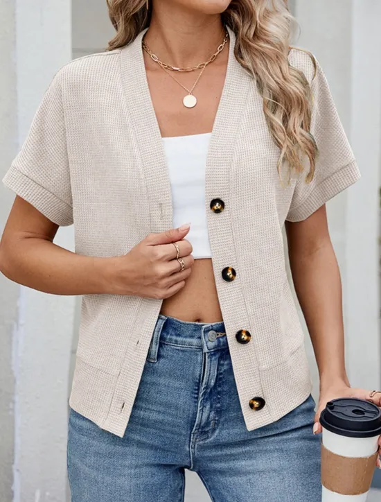 Online Women's Sweater Cardigan Casual Soft Pure Color Ribbed V Neck Buttons Knitted Short Sleeves Regular Tops Knit Outdoor Daily Weekend Black Green Summer Women Cardigans & Outerwears