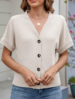 Online Women's Sweater Cardigan Casual Soft Pure Color Ribbed V Neck Buttons Knitted Short Sleeves Regular Tops Knit Outdoor Daily Weekend Black Green Summer Women Cardigans & Outerwears