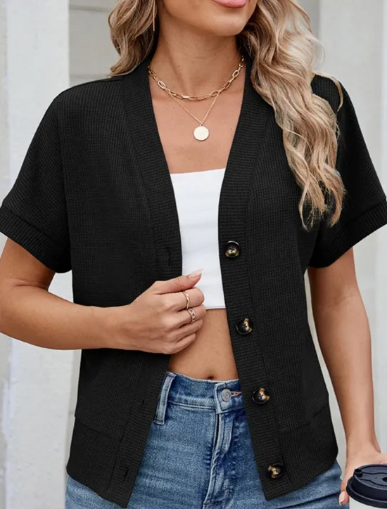 Online Women's Sweater Cardigan Casual Soft Pure Color Ribbed V Neck Buttons Knitted Short Sleeves Regular Tops Knit Outdoor Daily Weekend Black Green Summer Women Cardigans & Outerwears