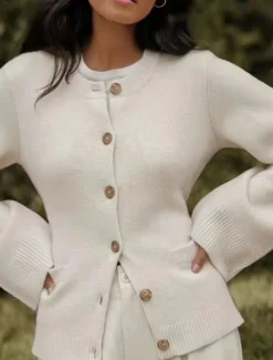 New Women's Sweater Cardigan Casual Soft Pure Color Ribbed Crew Neck Buttons Pocket Knitted Long Sleeve Regular Tops Knit Outdoor Daily Weekend Black White Fall Winter Women Cardigans & Outerwears