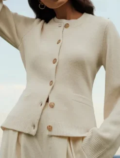 New Women's Sweater Cardigan Casual Soft Pure Color Ribbed Crew Neck Buttons Pocket Knitted Long Sleeve Regular Tops Knit Outdoor Daily Weekend Black White Fall Winter Women Cardigans & Outerwears