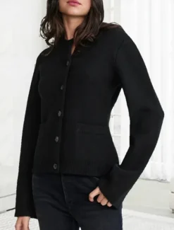 New Women's Sweater Cardigan Casual Soft Pure Color Ribbed Crew Neck Buttons Pocket Knitted Long Sleeve Regular Tops Knit Outdoor Daily Weekend Black White Fall Winter Women Cardigans & Outerwears
