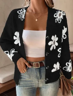 Best Women's Sweater Cardigan Casual Soft Floral Ribbed V Neck Buttons Knitted Long Sleeve Regular Tops Knit Outdoor Daily Weekend Black Light Grey Fall Winter Women Cardigans & Outerwears