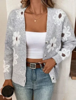 Best Women's Sweater Cardigan Casual Soft Floral Ribbed V Neck Buttons Knitted Long Sleeve Regular Tops Knit Outdoor Daily Weekend Black Light Grey Fall Winter Women Cardigans & Outerwears