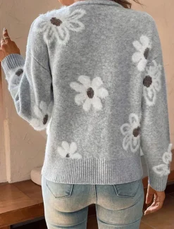 Best Women's Sweater Cardigan Casual Soft Floral Ribbed V Neck Buttons Knitted Long Sleeve Regular Tops Knit Outdoor Daily Weekend Black Light Grey Fall Winter Women Cardigans & Outerwears