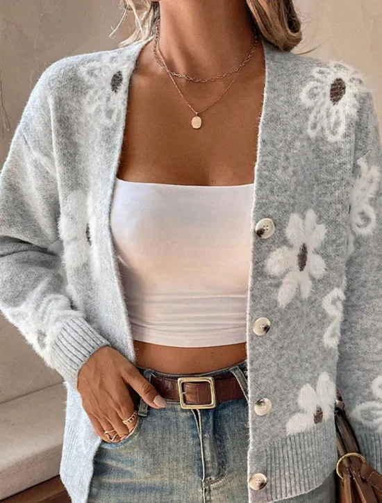 Best Women's Sweater Cardigan Casual Soft Floral Ribbed V Neck Buttons Knitted Long Sleeve Regular Tops Knit Outdoor Daily Weekend Black Light Grey Fall Winter Women Cardigans & Outerwears
