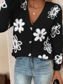 Best Women's Sweater Cardigan Casual Soft Floral Ribbed V Neck Buttons Knitted Long Sleeve Regular Tops Knit Outdoor Daily Weekend Black Light Grey Fall Winter Women Cardigans & Outerwears