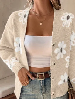 Best Women's Sweater Cardigan Casual Soft Floral Ribbed V Neck Buttons Knitted Long Sleeve Regular Tops Knit Outdoor Daily Weekend Black Light Grey Fall Winter Women Cardigans & Outerwears