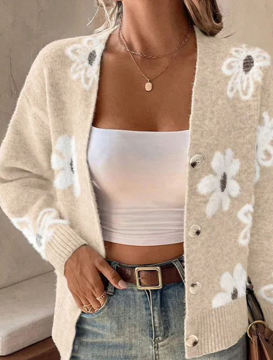 Best Women's Sweater Cardigan Casual Soft Floral Ribbed V Neck Buttons Knitted Long Sleeve Regular Tops Knit Outdoor Daily Weekend Black Light Grey Fall Winter Women Cardigans & Outerwears