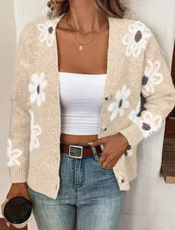 Best Women's Sweater Cardigan Casual Soft Floral Ribbed V Neck Buttons Knitted Long Sleeve Regular Tops Knit Outdoor Daily Weekend Black Light Grey Fall Winter Women Cardigans & Outerwears