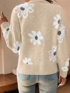 Best Women's Sweater Cardigan Casual Soft Floral Ribbed V Neck Buttons Knitted Long Sleeve Regular Tops Knit Outdoor Daily Weekend Black Light Grey Fall Winter Women Cardigans & Outerwears