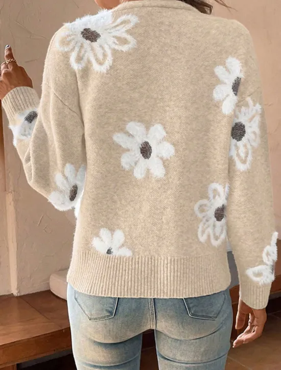Best Women's Sweater Cardigan Casual Soft Floral Ribbed V Neck Buttons Knitted Long Sleeve Regular Tops Knit Outdoor Daily Weekend Black Light Grey Fall Winter Women Cardigans & Outerwears