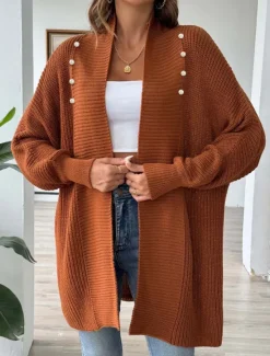 Discount Women's Sweater Cardigan Casual Soft Pure Color Ribbed Open Front Beaded Knitted Long Sleeve Long Tops Knit Outdoor Daily Weekend Black Blue Fall Winter Women Cardigans & Outerwears