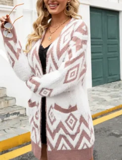 Sale Women's Sweater Cardigan Casual Soft Geometric Ribbed V Neck Pocket Knitted Long Sleeve Regular Tops Knit Outdoor Daily Weekend Black Pink Fall Winter Women Cardigans & Outerwears