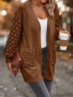 Online Women's Sweater Cardigan Casual Soft Pure Color Ribbed Open Front Pocket Knitted Long Sleeve Regular Tops Knit Outdoor Daily Weekend Pink Brown Fall Winter Women Cardigans & Outerwears