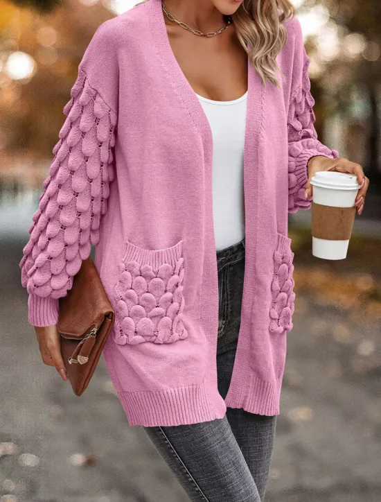 Online Women's Sweater Cardigan Casual Soft Pure Color Ribbed Open Front Pocket Knitted Long Sleeve Regular Tops Knit Outdoor Daily Weekend Pink Brown Fall Winter Women Cardigans & Outerwears
