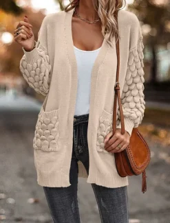 Online Women's Sweater Cardigan Casual Soft Pure Color Ribbed Open Front Pocket Knitted Long Sleeve Regular Tops Knit Outdoor Daily Weekend Pink Brown Fall Winter Women Cardigans & Outerwears