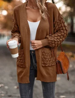 Online Women's Sweater Cardigan Casual Soft Pure Color Ribbed Open Front Pocket Knitted Long Sleeve Regular Tops Knit Outdoor Daily Weekend Pink Brown Fall Winter Women Cardigans & Outerwears