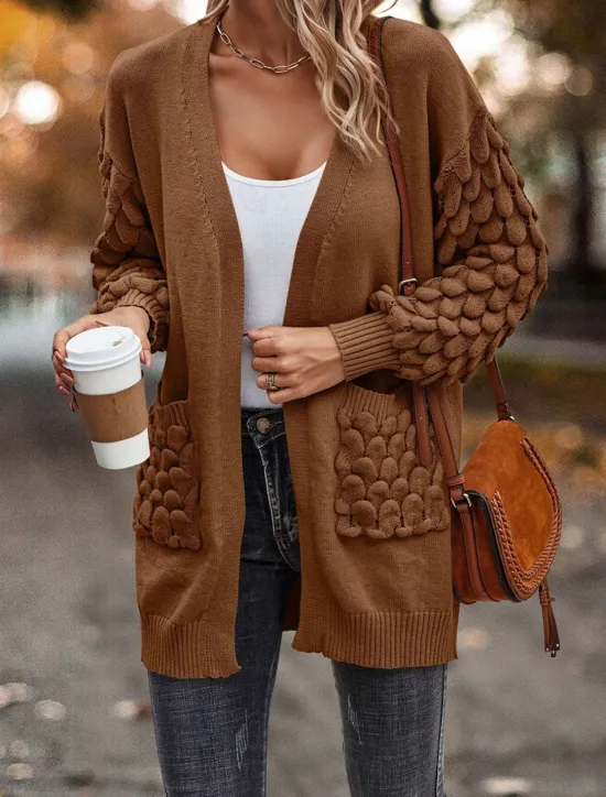 Online Women's Sweater Cardigan Casual Soft Pure Color Ribbed Open Front Pocket Knitted Long Sleeve Regular Tops Knit Outdoor Daily Weekend Pink Brown Fall Winter Women Cardigans & Outerwears