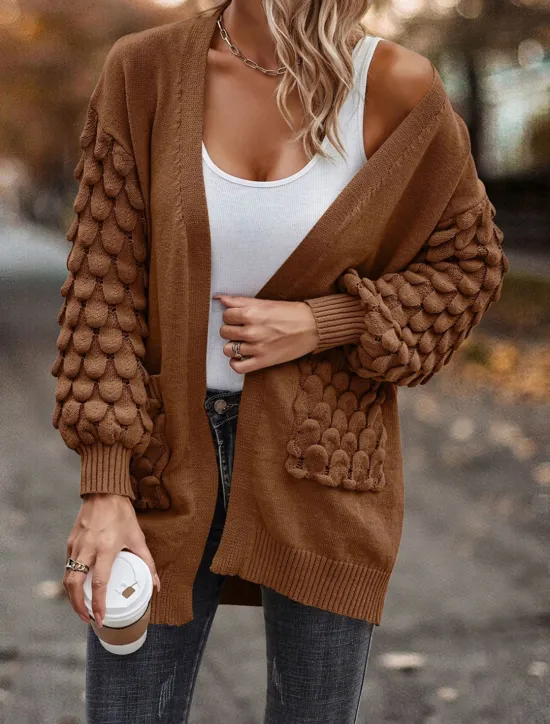 Online Women's Sweater Cardigan Casual Soft Pure Color Ribbed Open Front Pocket Knitted Long Sleeve Regular Tops Knit Outdoor Daily Weekend Pink Brown Fall Winter Women Cardigans & Outerwears