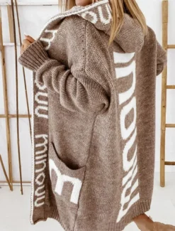 Discount Women's Sweater Cardigan Casual Soft Letter Ribbed Hooded Pocket Knitted Long Sleeve Long Tops Knit Outdoor Daily Weekend Light Brown Gray Fall Winter Women Cardigans & Outerwears