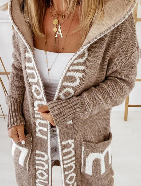 Discount Women's Sweater Cardigan Casual Soft Letter Ribbed Hooded Pocket Knitted Long Sleeve Long Tops Knit Outdoor Daily Weekend Light Brown Gray Fall Winter Women Cardigans & Outerwears