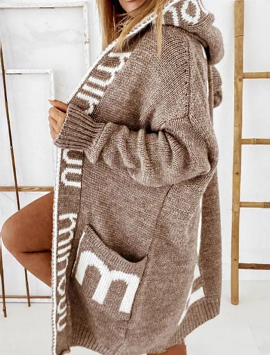 Discount Women's Sweater Cardigan Casual Soft Letter Ribbed Hooded Pocket Knitted Long Sleeve Long Tops Knit Outdoor Daily Weekend Light Brown Gray Fall Winter Women Cardigans & Outerwears