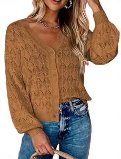 Outlet Women's Sweater Cardigan Casual Soft Pure Color Crochet V Neck Buttons Pocket Knitted Long Sleeve Regular Tops Knit Outdoor Daily Weekend Green Khaki Summer Spring Women Cardigans & Outerwears