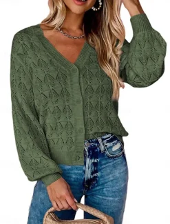 Outlet Women's Sweater Cardigan Casual Soft Pure Color Crochet V Neck Buttons Pocket Knitted Long Sleeve Regular Tops Knit Outdoor Daily Weekend Green Khaki Summer Spring Women Cardigans & Outerwears