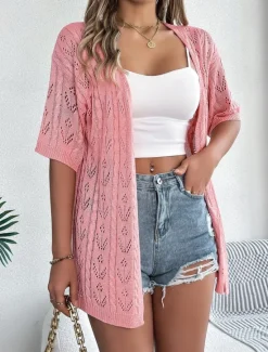 Clearance Women's Sweater Cardigan Casual Soft Pure Color Ribbed Open Front Knitted Hole Long Sleeve Long Tops Knit Outdoor Daily Weekend White Pink Summer Women Blouses & Shirts