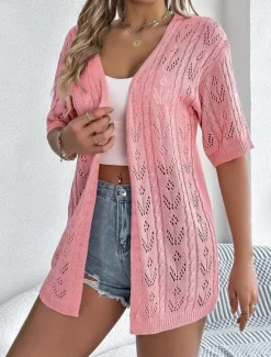 Clearance Women's Sweater Cardigan Casual Soft Pure Color Ribbed Open Front Knitted Hole Long Sleeve Long Tops Knit Outdoor Daily Weekend White Pink Summer Women Blouses & Shirts
