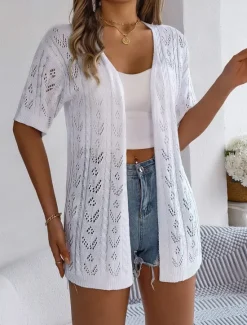 Clearance Women's Sweater Cardigan Casual Soft Pure Color Ribbed Open Front Knitted Hole Long Sleeve Long Tops Knit Outdoor Daily Weekend White Pink Summer Women Blouses & Shirts